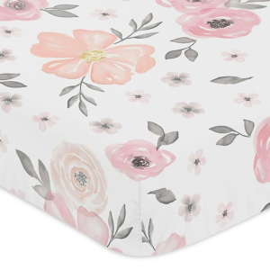 Pink & Grey Watercolor Flowers Crib Sheet Sweet Jojo Designs