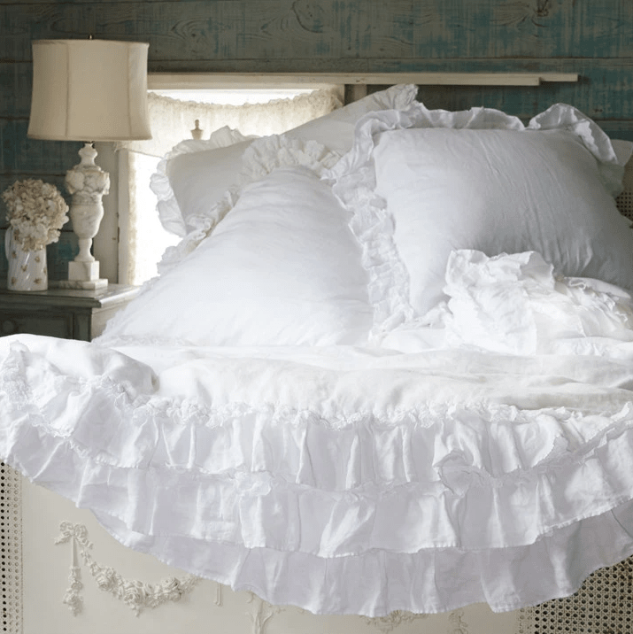 White Linen & Lace Ruffle Duvet Cover