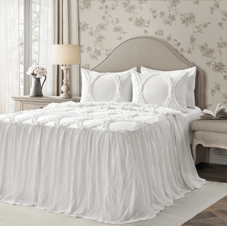  Ruffled Ribbon Bedspread & Shams white shabby chic bedding