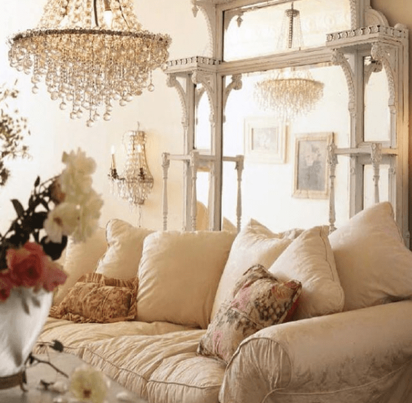 Romantic Shabby Chic Chandeliers & Chipped Coffee Table & Vintage Wall Decor...