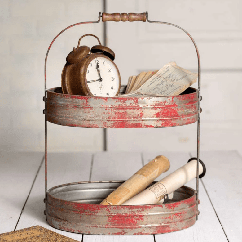 Distressed Red Metal Farmhouse Caddy