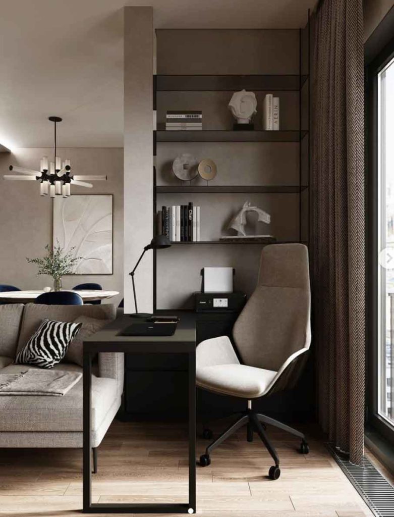 modern home office living room corner desk with sofa