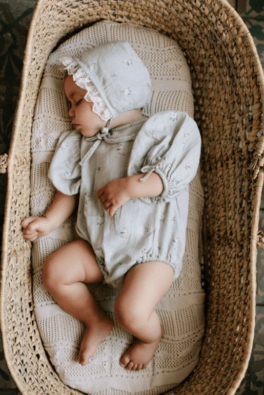  Sage Balloon Sleeves Romper and Bonnet vintage-feeling organic clothes for babies with sensitive skin organic cotton baby clothes