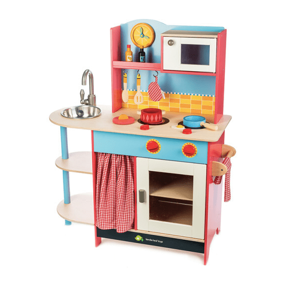 colorful nontoxic wooden play kitchens with pots and pans and waterproof sink