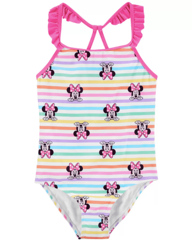 Carter's 1-Piece Minnie Mouse Swimsuit for Kids with pink bow and white olka dot