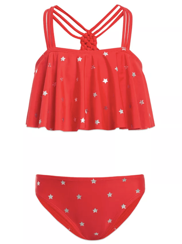 Silver Foil Star Red Two-Piece for Girl 4th of july swimsuit for girl