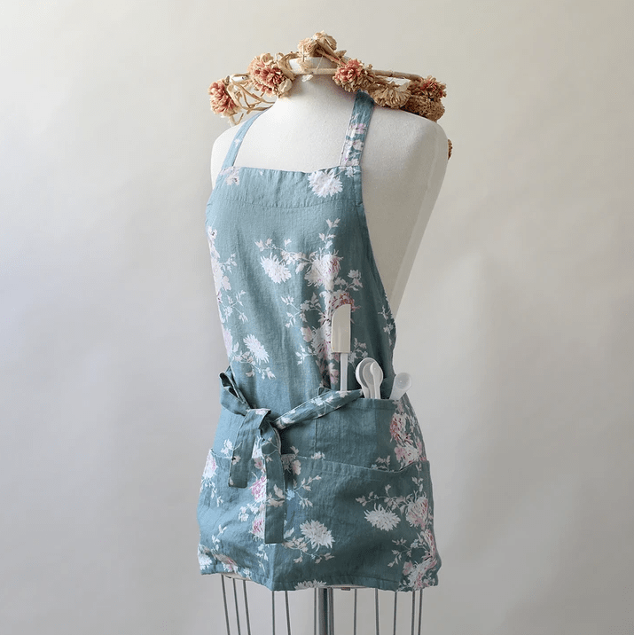 Teal Floral Linen Apron, Shabby Chic