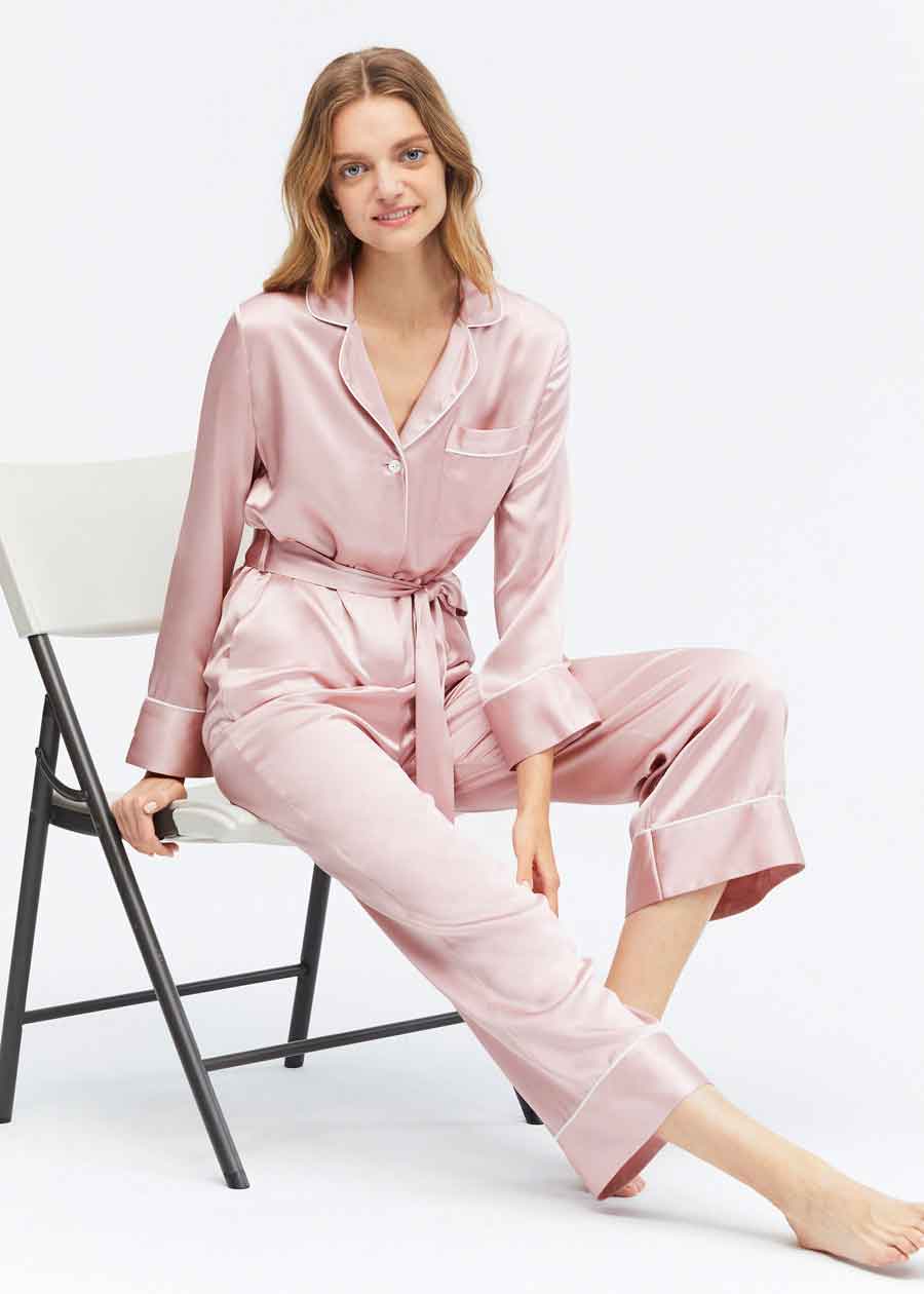 belted silk jumpsuit pajamas in pink. pink silk aesthetic