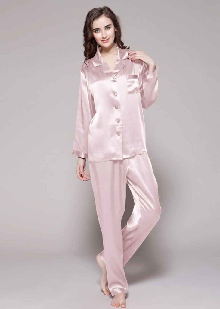 classic 22 momme pink full length silk pajamas set. Pink silk aesthetic