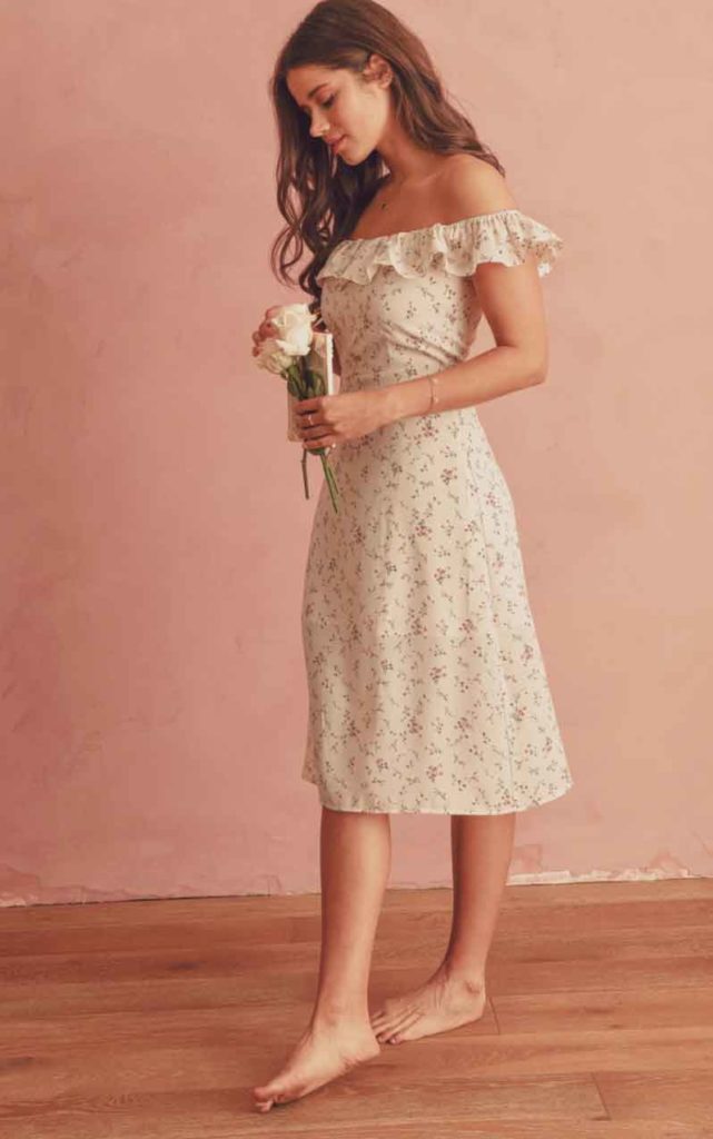 floral romantic girly cottagecore off the shoulder ruffled midi dress