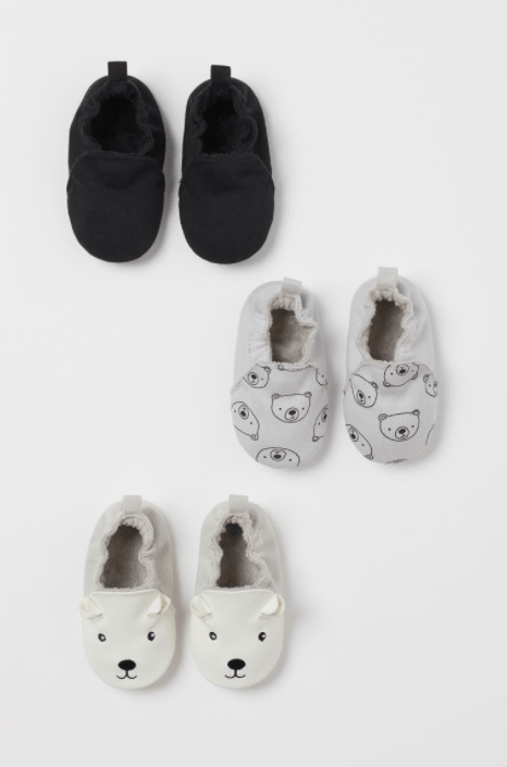 H&M Modern 3-Pack Soft Slippers in black, grey and white