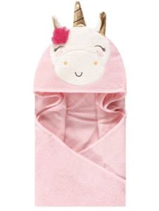 Pink terry cotton towel with gold unicorn horn and pink flower cute hooded towels for baby girl