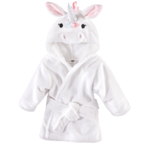 hudson baby White soft plush fleece bathrobe with wait ties for babies. Shiny iridescent unicorn horn, big pink ears, and rainbow color details. Size 0- 9 months. 