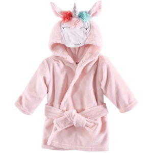 Cozy pink plush bathrobe with waist ties, colorful 3D flowers, silver unicorn horn, and all the magic! Size 0-9 months. 