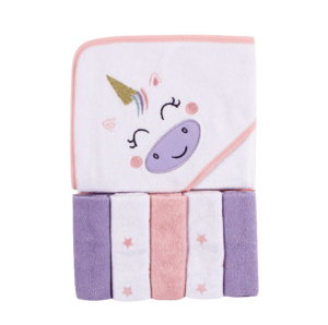 White hooded towel with embroidered unicorn in pink and purple plus 5 washcloths. 