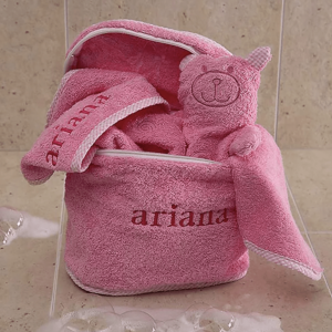 bath gift set for baby girl a terry cotton bear bath mitt, washcloth, a hooded towel, and a bag. Both the towel and the bag can be embroidered with any name