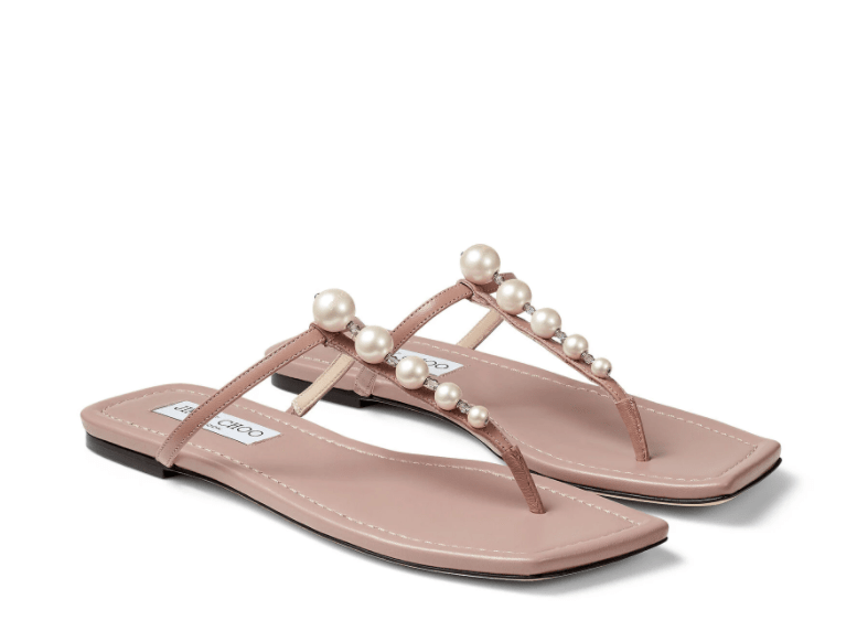 Jimmy Choo "Alaina" Pink Leather Slide Sandals With Pearls