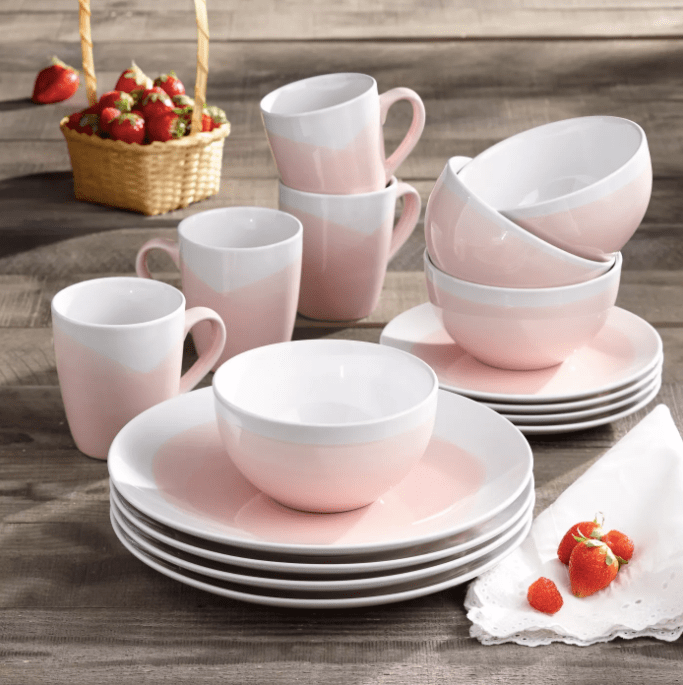American Atelier 16-Piece Stoneware Oasis Dinnerware Set in pink and white