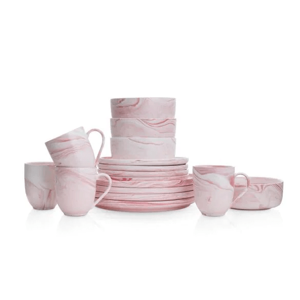 Stone+Lain Pink Marbled Porcelain Dinnerware Set for 8