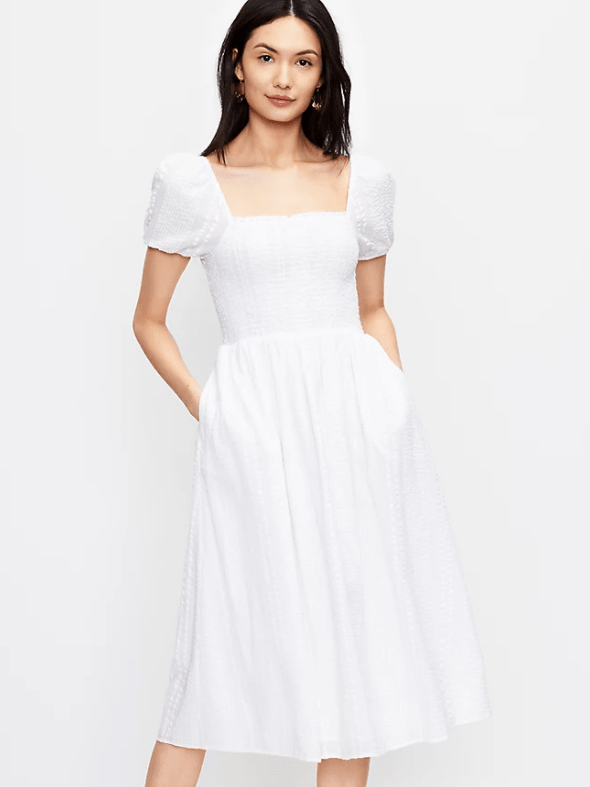 cute White Puff Sleeve Midi Dress in cotton loft cute 4th of july outfits