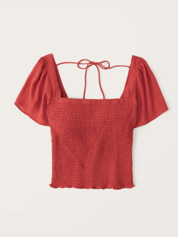 abercrombie & fitch Red Smocked Flutter-Sleeve Top Cute Red Tops To Wear With Jeans
