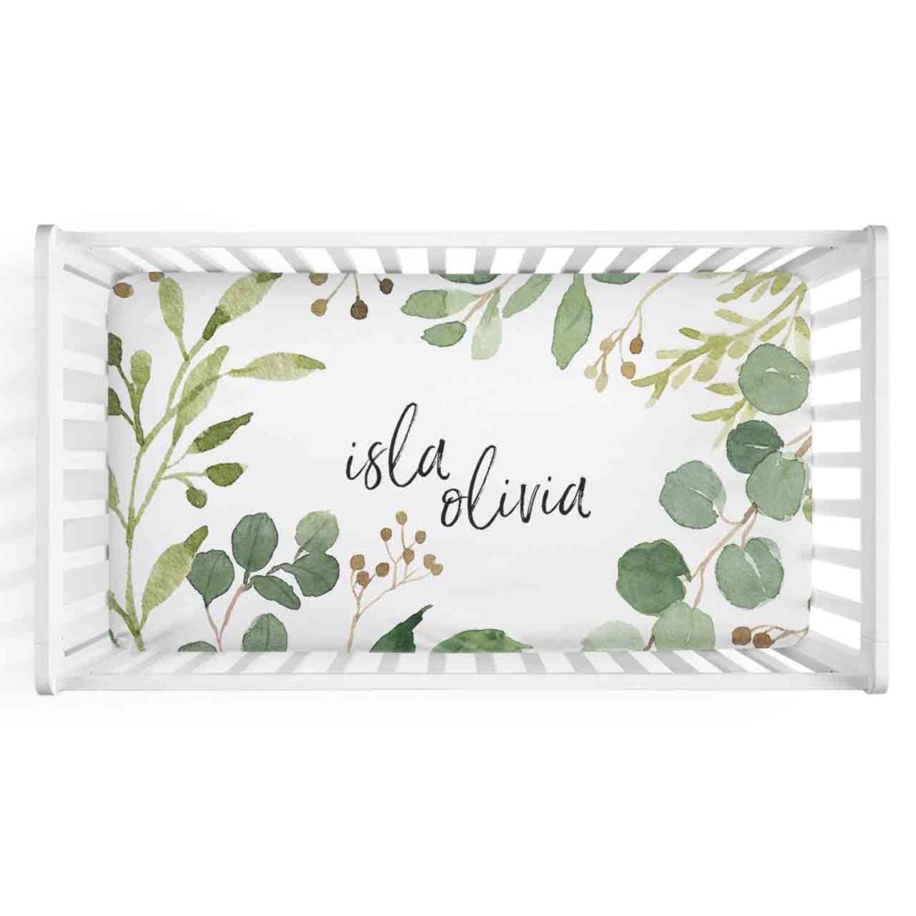Watercolor Greenery Personalized Crib Sheet Made In USA, Caden Lane