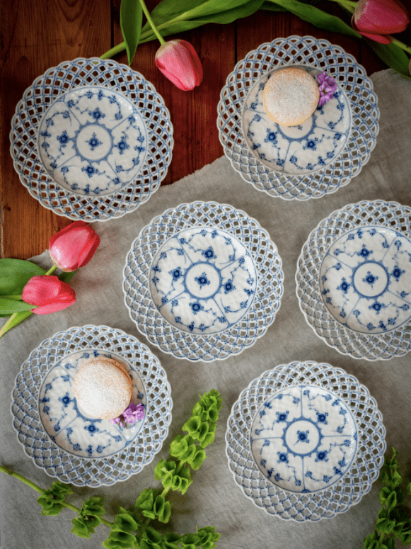 1920s Royal Copenhagen Blue Fluted Full Lace Basket Weave Plates, 6-piece unique dinnerware sets