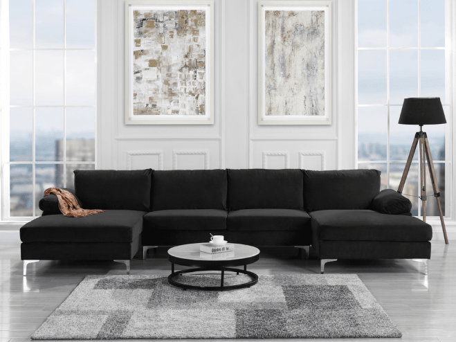 U-Shape Extra Large Sectional Sofas With Chaise in Black or Grey Velvet