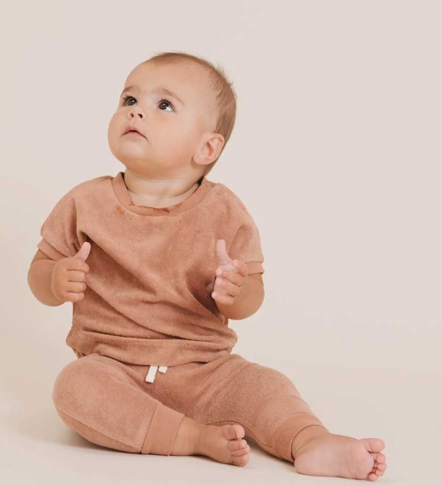 modern organic baby pajama set terracotta