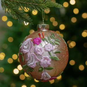 Glass Christmas Ball With Pink Floral Applique 1pc | 4" 