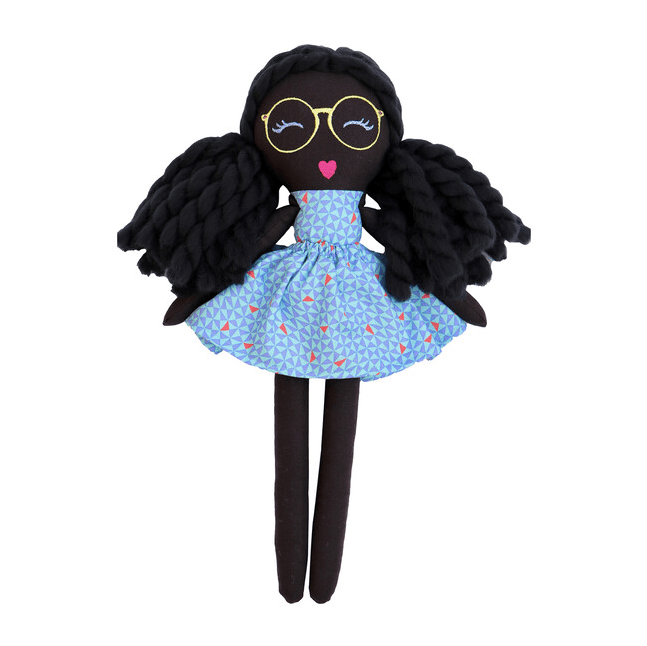 Antiallergenic Black Girl Doll With Embroidered Glasses Handmade In USA by Modern Doll Studio