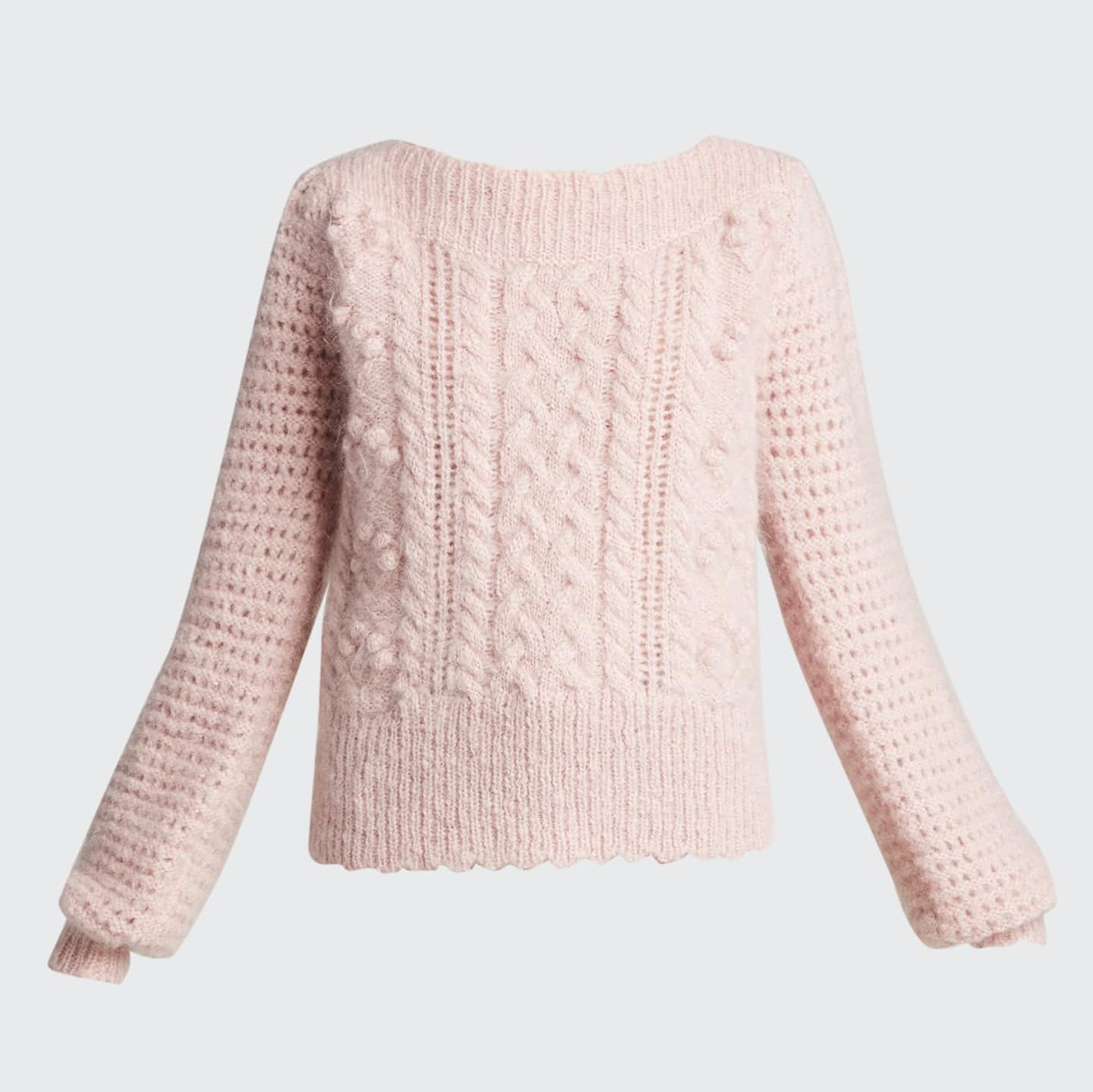 vyoma Cable Knit Pink Alpaca Sweater, by LoveShackFancy