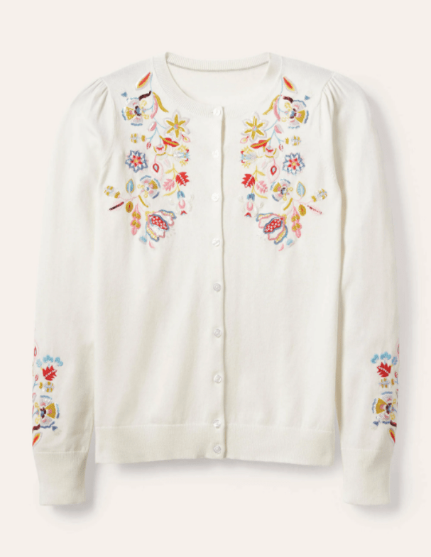 Cute Fall Sweaters Flower Embroidered Fine Knit Cardigan, by Boden