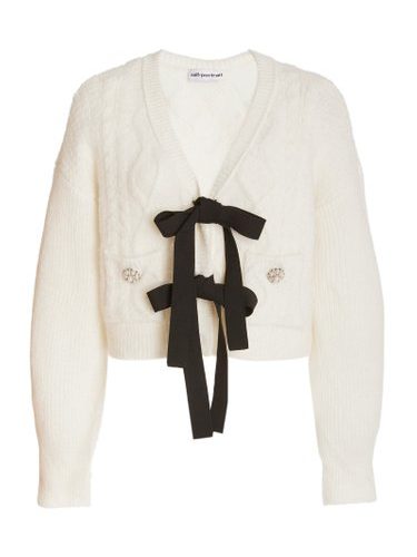 Bow-Embellished Cropped Cable-Knit White Cardigan, by Self Portrait Cute Fall Sweaters