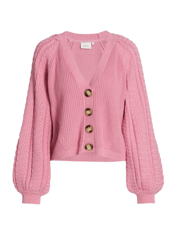 Pink Cashmere Cardigan With Long Balloon Sleeves, by Gestuz Cute Fall Sweaters