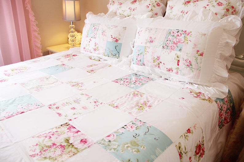 Floral Patchwork Duvet & Pillow Sham Covers Queen Size shabby chic bedding