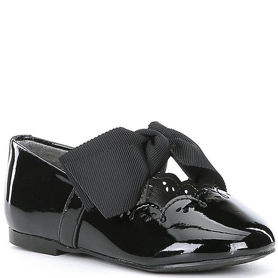 Shiny Black Slip On Dress Shoes With Huge Grosgrain Bow For Toddler Girl by Cooper Key