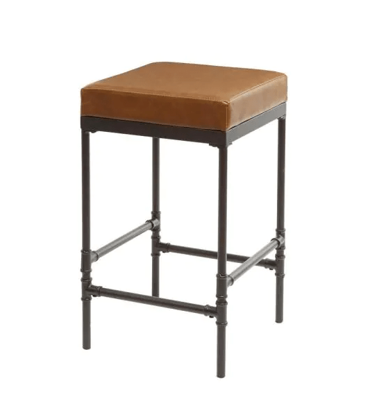 Pipe Fitting Distressed Leather Upholstered Square Brown Bar Stool