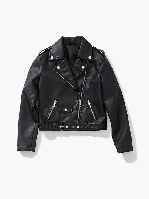 Black Faux-Leather BikerJacket For Girls