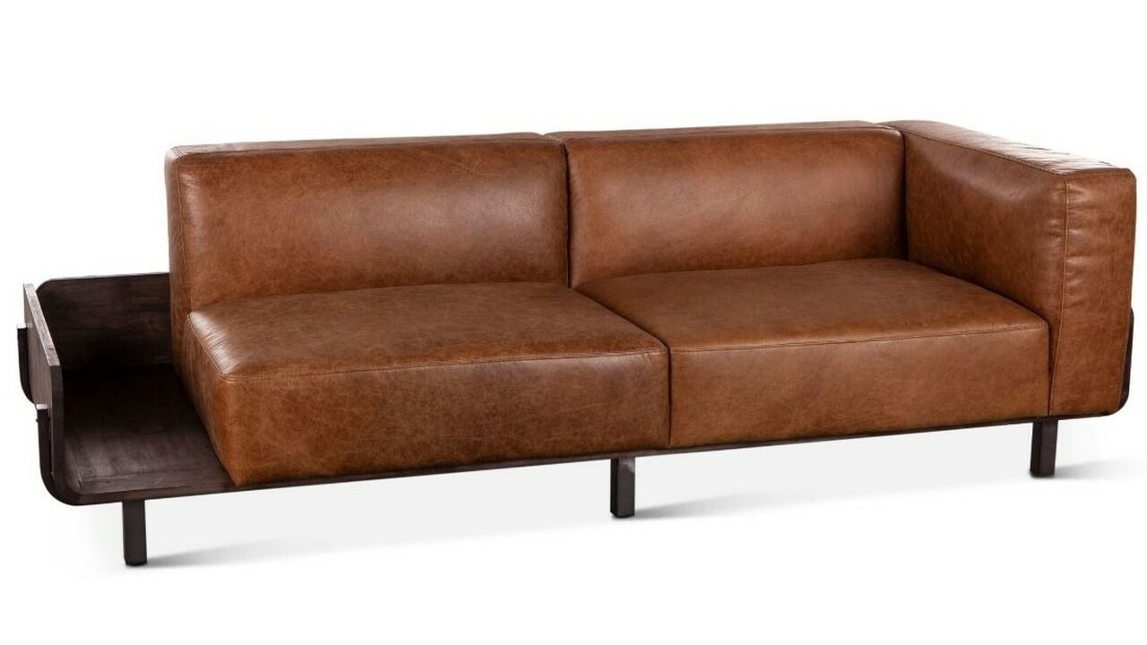 Retro Modern Wood Sofa With Distressed Leather Upholstery , Zin Home