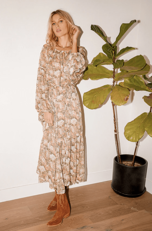 Long Sleeve Maxi Tiered Dress In Beige & Pink Floral_girly floral fall dresses
