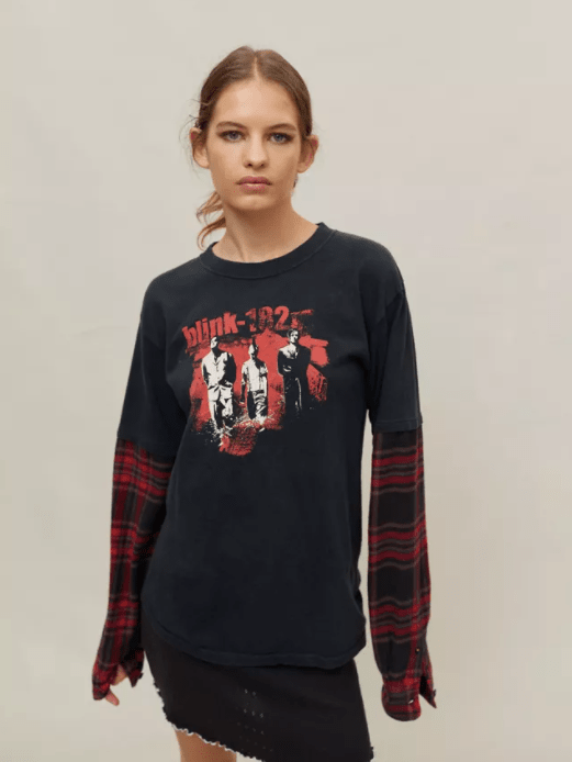 Upcycled Music Graphic Tee With Plaid Flannel Sleeves