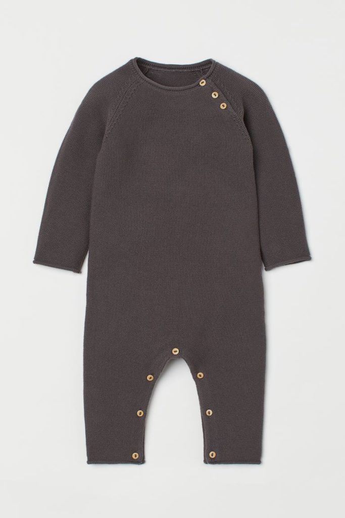 Dark Grey Knit Cotton Jumpsuit For Babies_