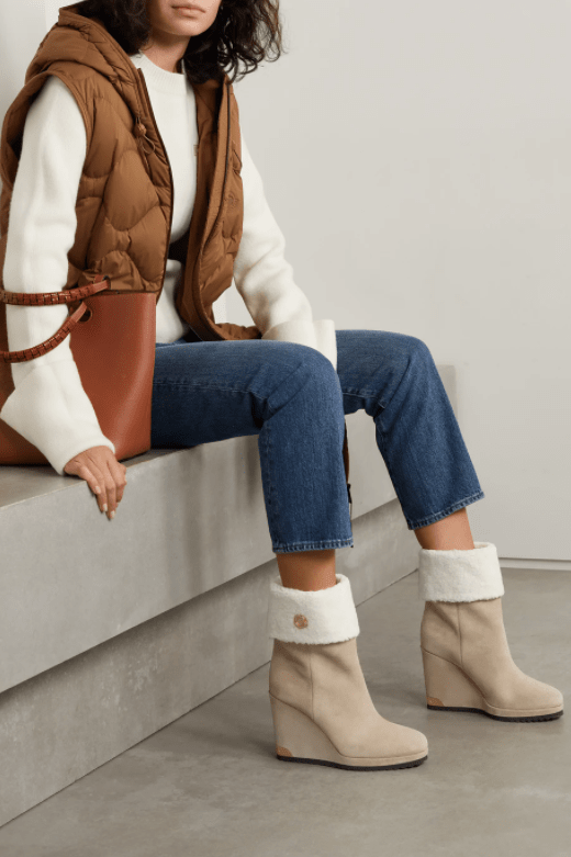Moncler "W Short" Shearling-Lined Suede Wedge Ankle Boots