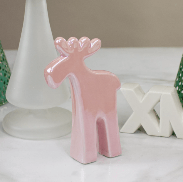 Pink Ceramic Moose Tabletop Christmas Decor
