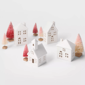 White Ceramic Houses W/ Pink Trees Kit 10 pieces