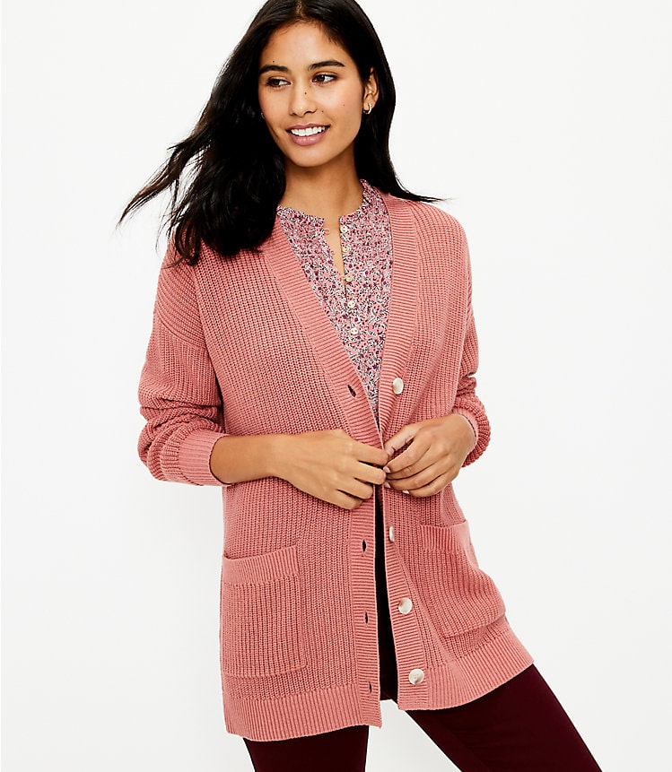 Relaxed Fit Pink Knit Button Cardigan Sweater, by Loft