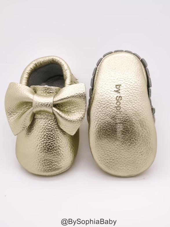 Gold Baby Moccasins In Genuine Leather With Bow & Fringes