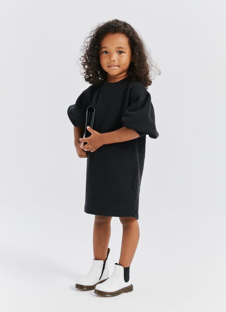 Trendy Sweatshirt Black Dress W/ Puff Sleeves & Knife Pockets