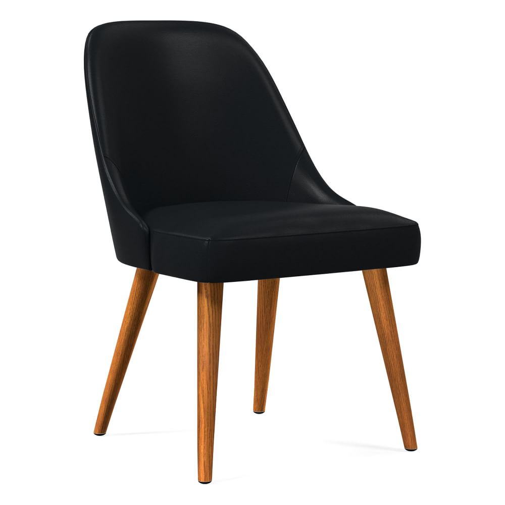 Black Leather Mid-Century Modern Dining Chair With Wood Legs, West Elm